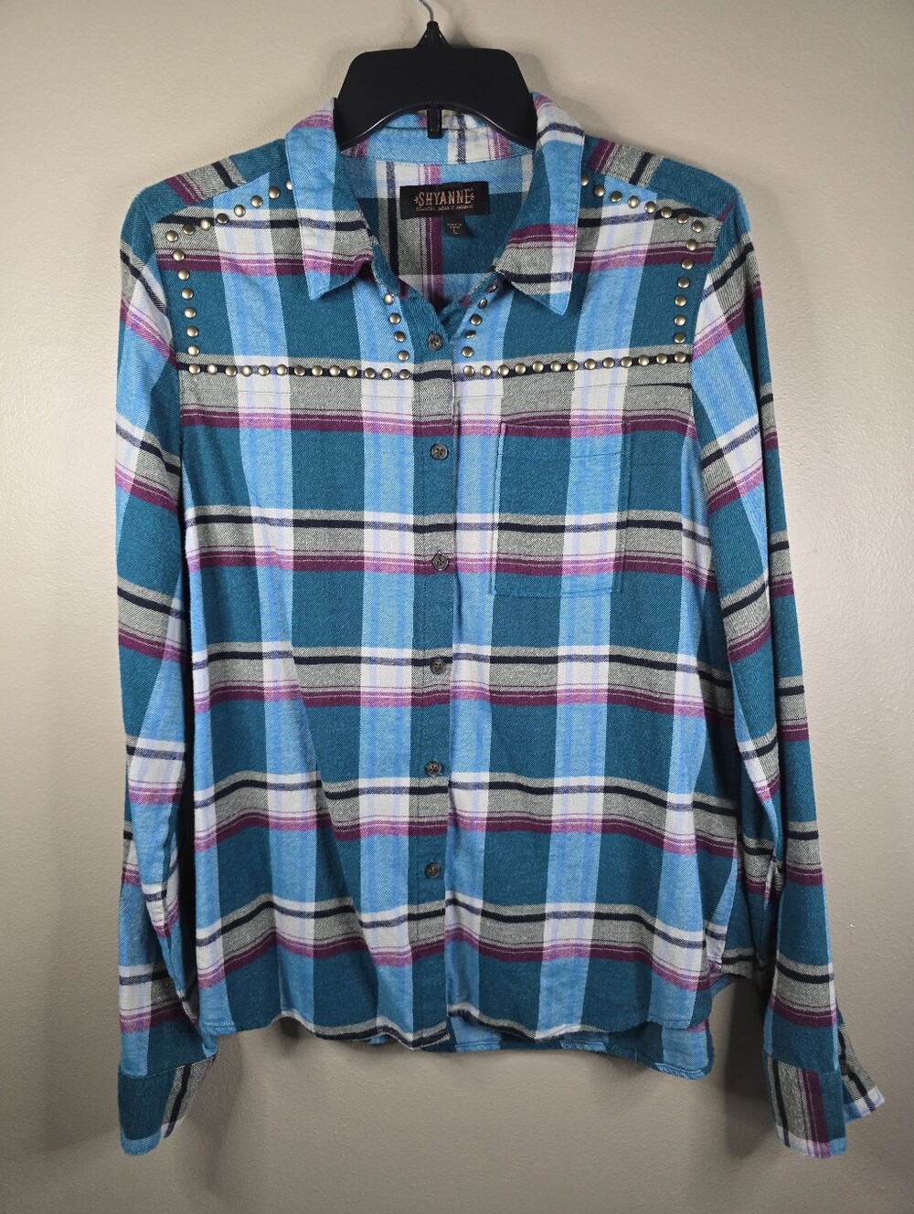 Shyanne Womens Teal Plaid Flannel Shirt Studded Western Embellished Size Large